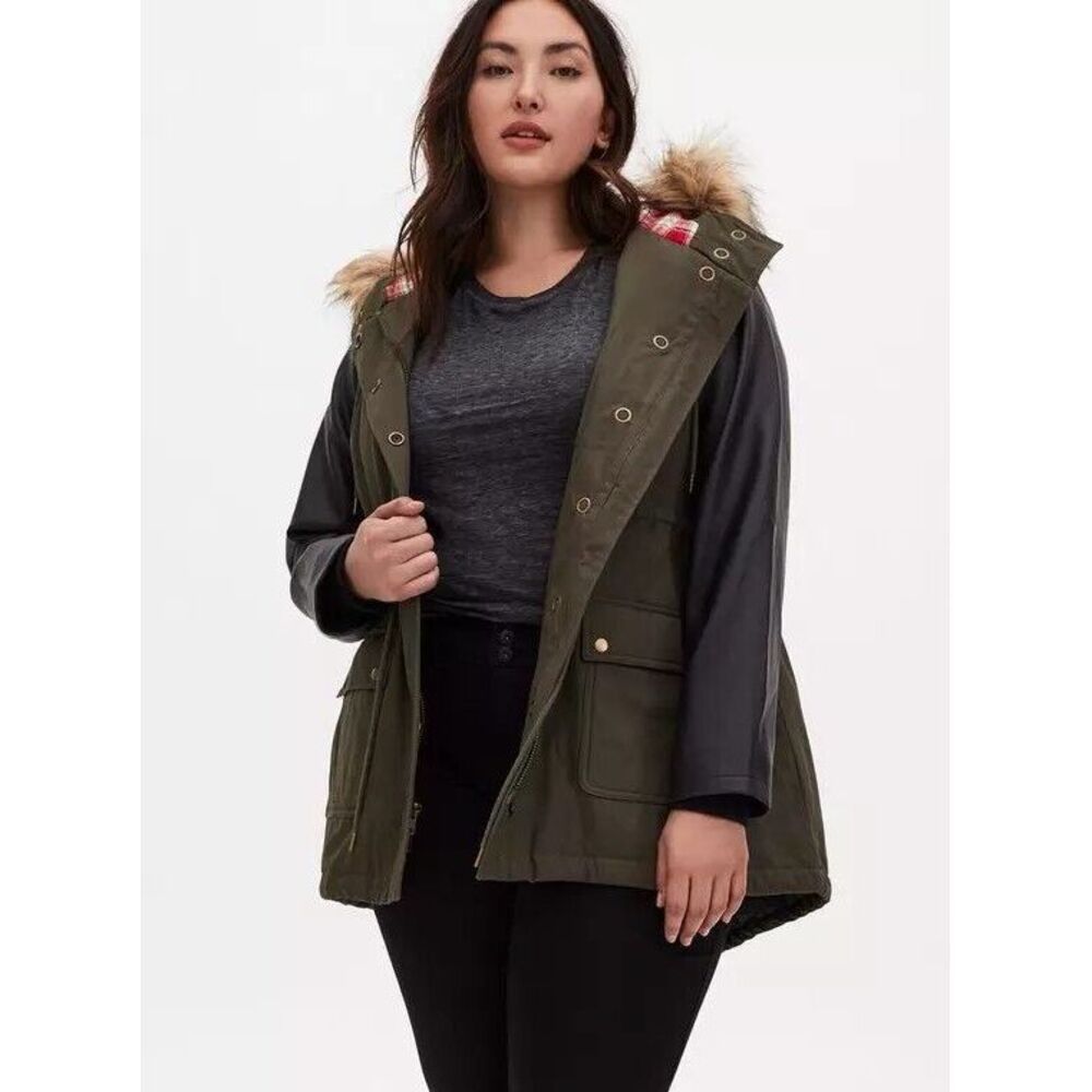 NWT Torrid Womens  10 Olive Green Twill Parka Coat With Faux Leather  Faux Fur